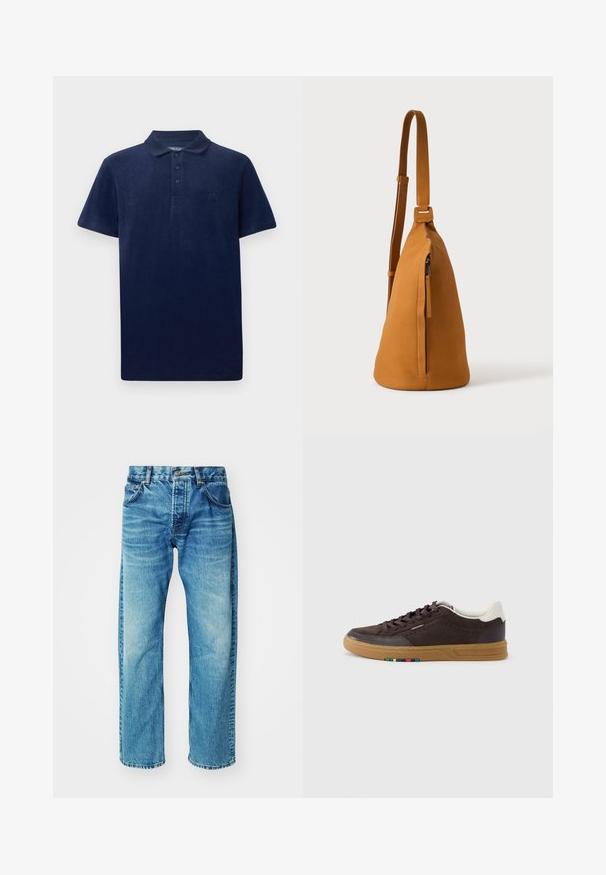 Polo bleu marine en tissu doux, avec un col classique, une patte de boutonnage à trois boutons et un logo brodé sur la poitrine.; Jean en denim bleu à coupe décontractée, avec cinq poches, un bouton à fermeture, un léger délavage et un ourlet légèrement effiloché.; Baskets en daim brun foncé avec semelle gomme, languette blanche au talon, fermeture à lacets et petit détail multicolore sur le côté de la semelle.; Sac besace en cuir couleur fauve avec sangle réglable et poche verticale zippée, présenté de profil sur un fond clair uni.