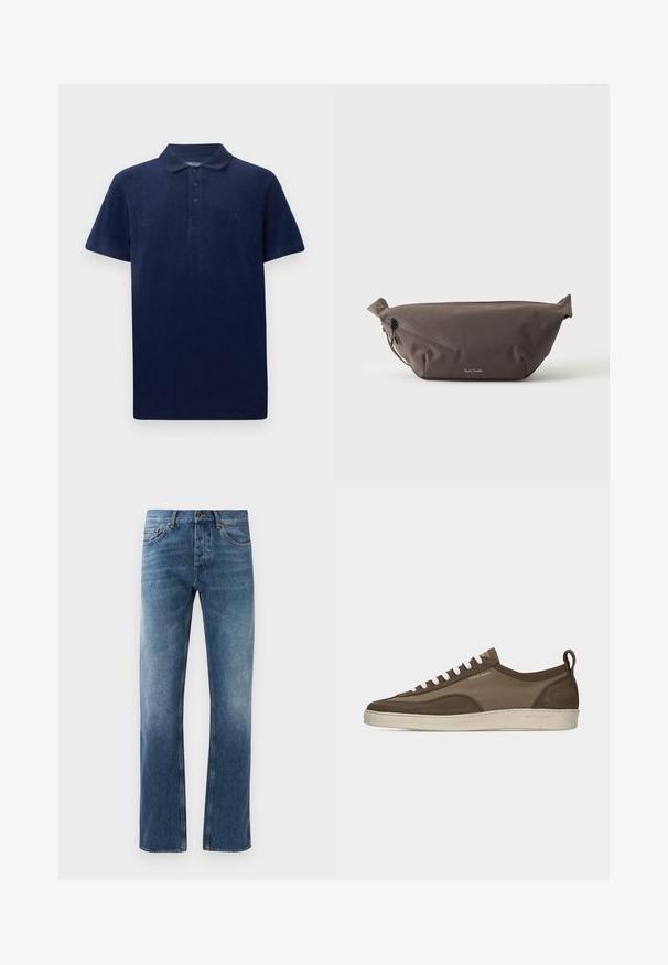 Polo bleu marine en tissu doux, avec un col classique, une patte de boutonnage à trois boutons et un logo brodé sur la poitrine.; Jean en denim bleu avec une coupe droite, délavé, cinq poches et coutures contrastées. Fermeture à bouton et zip à la taille.; Baskets basses marron à profil bas avec lacets blancs, semelle beige, dessus en tissu et daim, languette latérale et logo "Tiger of Sweden" en texte doré.; Sac banane en tissu marron foncé avec poche zippée en diagonale et petit logo blanc sur le devant, sur un fond clair uni.