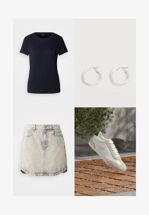 T-shirt à manches courtes bleu marine en coton, avec un col rond et un petit logo brodé sur la poitrine. Texture lisse.; Jupe en denim gris clair avec une texture délavée, dotée d'une taille à boutons, de poches avant et d'une ourlet légèrement courbé.; Baskets blanches et beiges décontractées avec détail noir au talon, lacets blancs et logo "BOSS", flottant au-dessus d'un pavé en bois en extérieur.; Paire de boucles d'oreilles créoles moyennes argentées brillantes avec de fines attaches métalliques sur un fond clair et neutre.