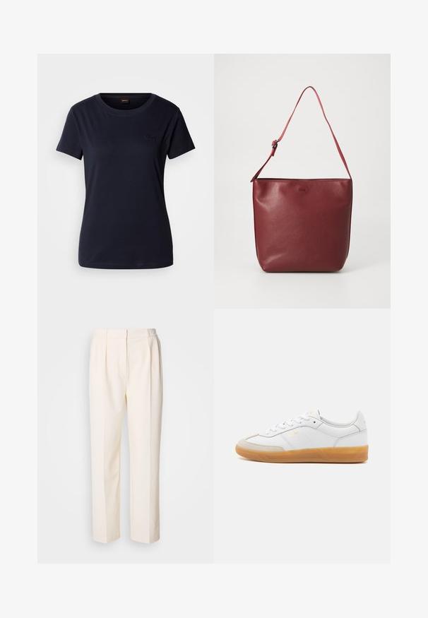 Navyblauwe T-shirt met korte mouwen, gemaakt van katoen, met een ronde hals en een klein geborduurd logo op de borst. Soepele textuur.; Lacoste Broek - lapland; Witte leren sneaker met beige suède accenten, gumrubberen zool en vetersluiting. Heeft subtiele branding in goud.; Rode leren handtas met een gladde textuur, rechthoekige vorm en een verstelbare schouderband. Voorzien van een logo dat op de voorkant is geperst.
