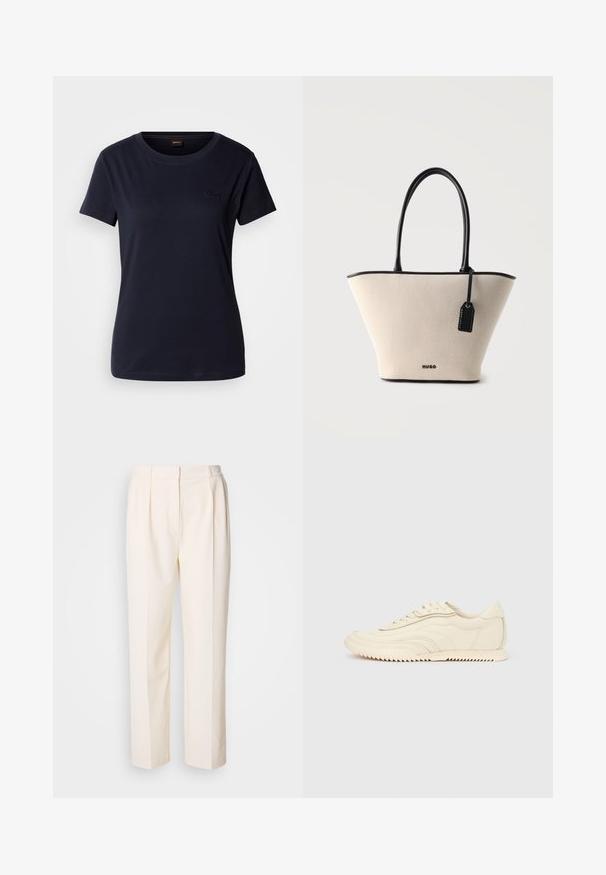 Navyblauwe T-shirt met korte mouwen, gemaakt van katoen, met een ronde hals en een klein geborduurd logo op de borst. Soepele textuur.; Lacoste Broek - lapland; Low-profile sneaker in crèmekleur met golvende stiksels, vetersluiting en een geribbelde zool, zijaanzicht tegen een effen achtergrond.; Beige gestructureerde totebag met zwarte leren handvatten, afwerking en een hangend zwart label met merknaam op een witte achtergrond.