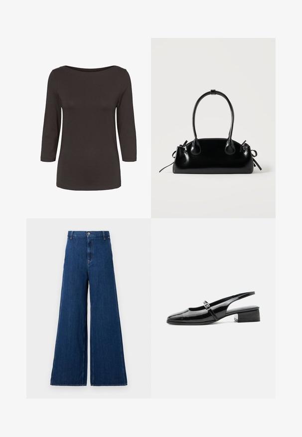 Dame mørkebrune langærmede skjorte med bådhals og figursyet silhuet.; Replay PANTS - Jeans Straight Leg - dark blue; Sort laklæderslingback-sko med lav blokhæl og tynd rem med sølvspænde over toppen.; Lille sort blank håndtaske med to lange håndtag og snøre-detaljer i siden på en ensfarvet lys baggrund.