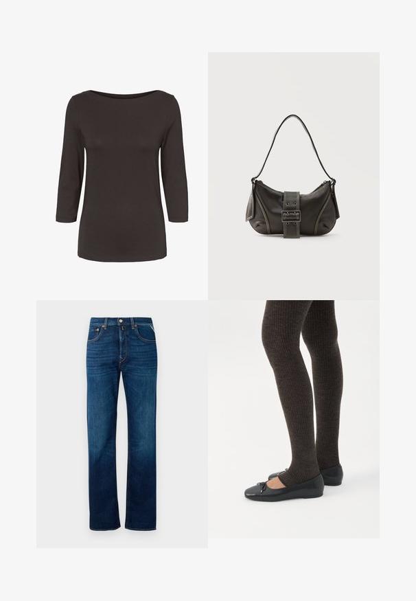 Donkerbruine lange mouwen shirt voor dames met een boothals en een aansluitend silhouet.; Donkerblauwe denim jeans met een recht model, vijf-pocket stijl en lichte vervaging. Voorzien van een knoopsluiting aan de voorkant en riemlussen.; Benen met donkere geribbelde leggings gecombineerd met zwarte ballerina's met kleine strikdetails op een witte achtergrond.; Zwarte leren schoudertas met gespsluiting aan de riem, afgeronde hoeken en contrasterende witte stiksels op een effen achtergrond.