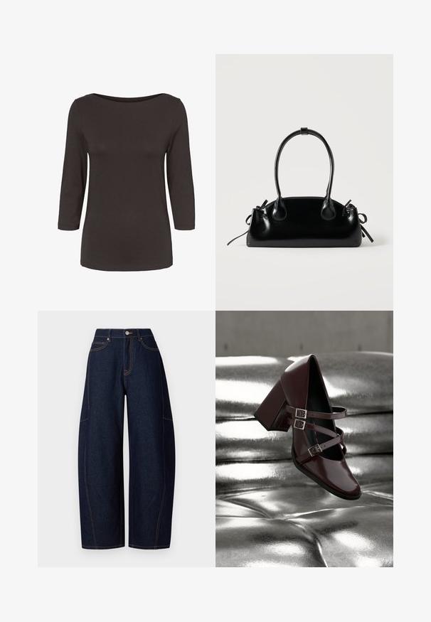 Donkerbruine lange mouwen shirt voor dames met een boothals en een aansluitend silhouet.; Brede donkerblauwe denim broek met contrasterende oranje stiksels, vijf zakken en een knoop- en ritssluiting aan de taille.; Glanzende donker bordeauxrode Mary Jane schoen met drie bandjes en zilveren gespen zweeft boven een zilverkleurig metalen kussens oppervlak.; Kleine zwarte glanzende handtas met twee lange hengsels en zijkant trekkoord details op een effen lichte achtergrond.