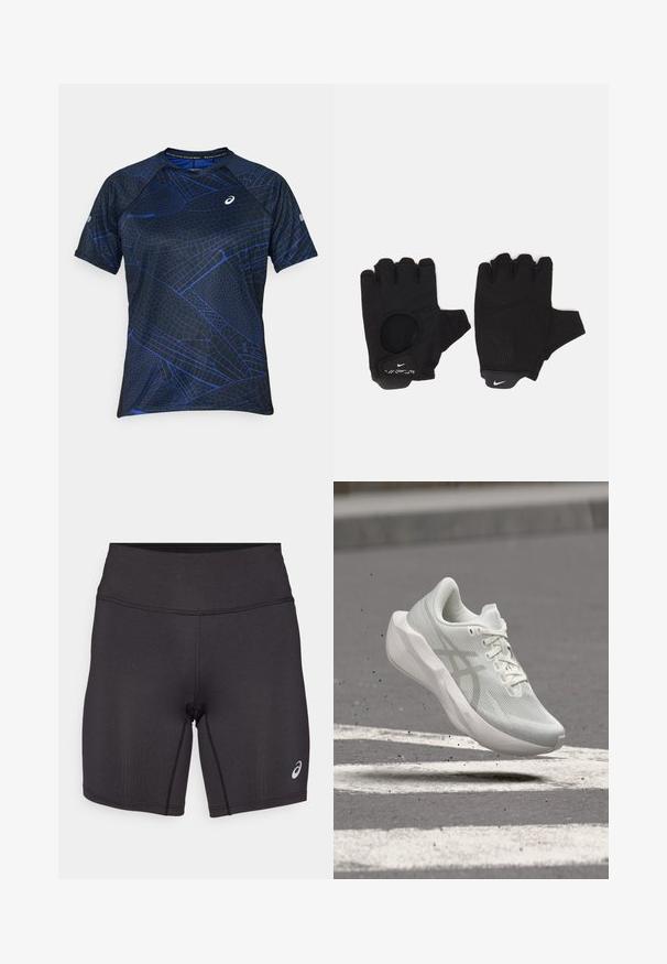 Korte mouw sportshirt in zwart met een blauw geometrisch patroon. Gemaakt van ademend materiaal, met een ronde hals en platte naden.; Zwarte sportieve shorts met een gladde textuur, een aansluitend ontwerp en een hoge tailleband. Voorzien van contrasterende stiksels en een klein logo op het onderbeen.; Witte hardloopschoen met dikke zool en mesh bovenwerk zwevend boven een asfaltweg met witte markeringen en kleine rommel.; Zwarte vingerloze handschoenen met een gestructureerd ontwerp. Gemaakt van een ademend materiaal, met een duimopening en versterkte palm voor grip.