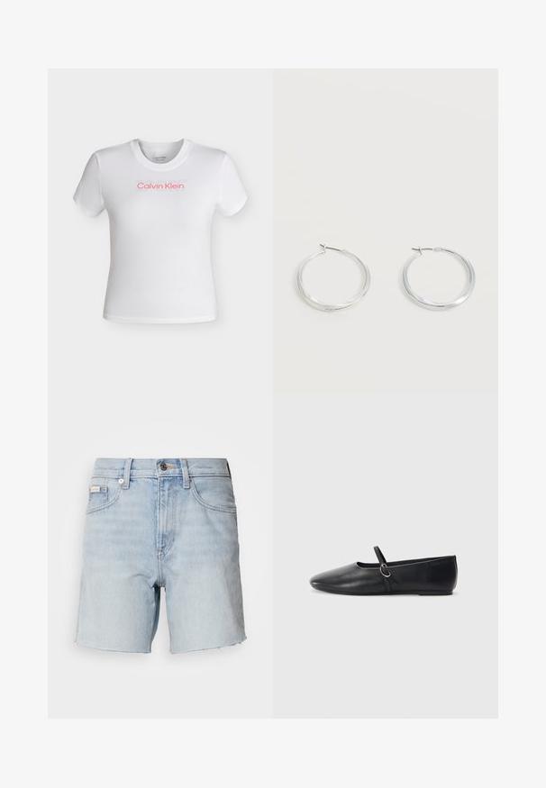 Λευκό cropped t-shirt με κοντά μανίκια και στρογγυλή λαιμόκοψη, με το λογότυπο "Calvin Klein" σε κόκκινο και αχνό κείμενο "SPORT" πάνω από αυτό στο στήθος.; Ανοιχτό μπλε τζιν σορτς με ξεφτισμένα τελειώματα, εμπρόσθιο κούμπωμα με κουμπί και φερμουάρ, θηλιές για ζώνη και εμπρόσθιες τσέπες.; Μαύρες δερμάτινες μπαλαρίνες με μυτερή μύτη, επίπεδο πάτο και μικρή λωρίδα με λεπτομέρεια ασημένιας αγκράφας.; Ασημένια μεταλλικά σκουλαρίκια κρίκοι με λεία, ελαφρώς κυρτή επιφάνεια και κλειδαριά τύπου latch-back σε απλό λευκό φόντο.