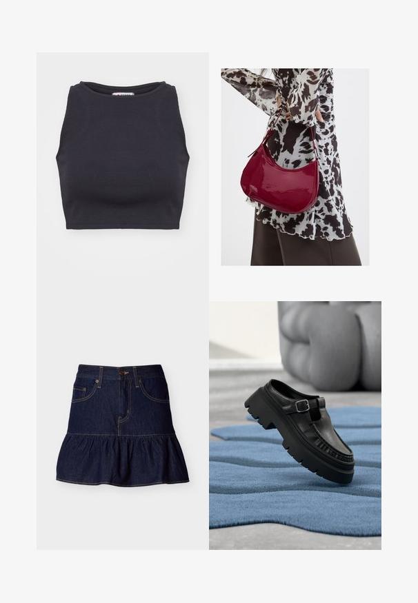 Sort ribbet crop top med rund halsudskæring og uden ærmer. Glat tekstur, tætsiddende form og minimalistisk stil.; Mørkeblå denim mininederdel med flæsekant, frontknapper og lynlås, og to forlommer med bæltestropper.; Sort læderloafer med chunky profil sål og sølvspænde, placeret i en vinkel på et struktureret blåt tæppe.; Kvinde iført en sort- og hvidmønstret bluse, der holder en blank rød skuldertaske mod en ensfarvet baggrund.