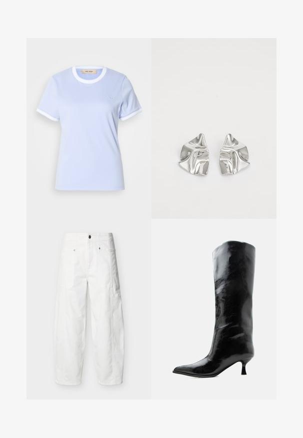 T-shirt bleu clair en tissu doux, avec un col rond bordé de blanc, des manches courtes et un logo en relief sur le devant.; Pantalon blanc à jambes larges avec poches plaquées à l'avant, fermeture à boutons et détails de coutures visibles, présenté sur un fond uni.; Botte en cuir noire brillante, haute jusqu'au genou, avec bout pointu et talon bas courbé sur un fond clair uni.; Boucles d'oreilles en métal argenté avec un design ondulé et sculptural, présentant une finition polie et des formes irrégulières, mettant en valeur une esthétique contemporaine.