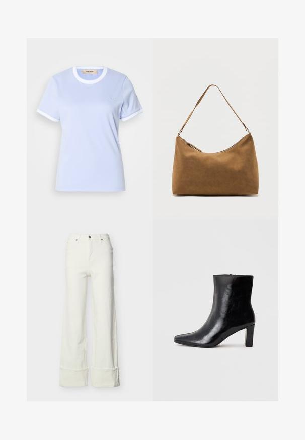 T-shirt bleu clair en tissu doux, avec un col rond bordé de blanc, des manches courtes et un logo en relief sur le devant.; Jean blanc à jambes larges avec taille haute, bouton et fermeture éclair à l'avant, passants de ceinture, poches avant et arrière, et ourlets repliés.; Bottine noire en cuir brillant, avec un bout pointu et un talon carré moyen, présentant une texture lisse et un design simple.; Sac à bandoulière en daim marron avec une seule sangle et une fermeture éclair supérieure, présenté sur un fond blanc uni.