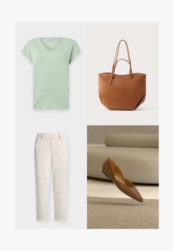 Mintgrøn V-hals T-shirt med korte ærmer, lavet af blødt stof, med en afslappet pasform og uden mønstre eller synlig hardware.; Beige bukser med lige ben, bæltestropper, sidelommer og lynlås foran på ensfarvet baggrund.; Brun ruskind spids tå flatsko svævende over beige tæppe med en matchende beige sofa sløret i baggrunden.; Tanfarvet taske i imiteret læder med to lange håndtag, afrundet form, synlige syninger og vertikale sømdetaljer. Glat tekstur.