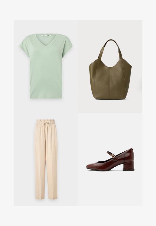 Mintgrøn V-hals T-shirt med korte ærmer, lavet af blødt stof, med en afslappet pasform og uden mønstre eller synlig hardware.; Beige, lette bukser med elastisk talje, snøre detaljer og lige ben. Glat tekstur, minimalisk stil.; Brun læder Mary Jane-sko med lav blokhæle og guldlåsrem, sidevisning på hvid baggrund.; Oliven grøn læder tote taske med dobbelte håndtag, glat tekstur og fire panel design. Forstærket syning langs sømmene for holdbarhed.