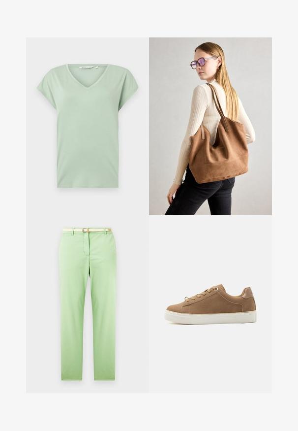 Mintgrøn V-hals T-shirt med korte ærmer, lavet af blødt stof, med en afslappet pasform og uden mønstre eller synlig hardware.; Lysegrønne bomuldsbukser med lige pasform, som har et vævet beige bælte, frontlomme og ingen synlige mønstre eller udsmykninger.; Anna Field by Zalando Sneakers - cognac; Brun ruskind tote taske med blød tekstur, stor åbning og lange stropper. Har et enkelt design med synlige syninger og ingen hardware.