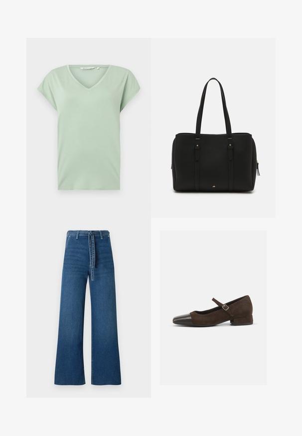 Mintgroene V-hals T-shirt met korte mouwen, gemaakt van zachte stof, met een ontspannen pasvorm en zonder patronen of zichtbare hardware.; TOM TAILOR DENIM TTMIJA CULOTTE FIT - Flared Jeans - used mid stone blue denim; Bruine suède Mary Jane-schoen met een zwarte lakleren neuskap, een verstelbare band en een lage blokhak. Gladde textuur met minimale accenten.; Zwarte draagtas van textuurleer, met twee lange handvatten, een ritssluiting en subtiele gouden accenten op de hardware.