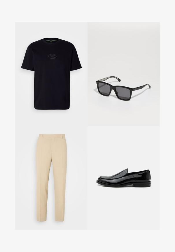 Schwarzes Baumwoll-T-Shirt mit Rundhalsausschnitt, kurzen Ärmeln und dezentem grauem "BOSS"-Logo auf der Vorderseite, erhältlich in einem lässigen Schnitt.; Beige maßgeschneiderte Hosen mit geradem Bein, aus leichtem Stoff, mit zwei vorderen Taschen und ordentlich gebügelten Falten.; Schwarzer glänzender Lederslipper mit niedrigem Absatz und abgerundeter Spitze, seitlich auf weißem Hintergrund betrachtet.; BOSS Sonnenbrille - black