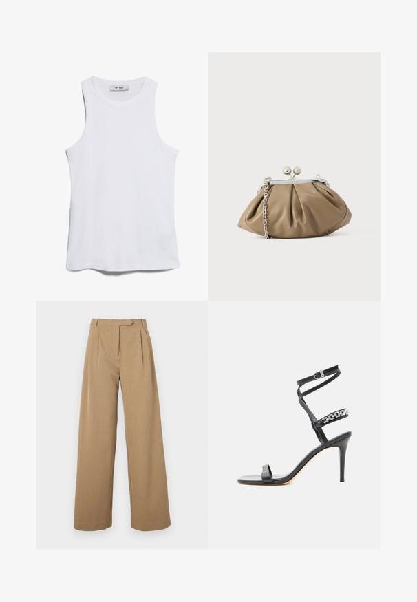 Débardeur blanc à côtes, avec un col rond et de larges emmanchures. Présente une texture lisse et un ourlet droit. L'étiquette indique "IVY OAK."; Pantalons à jambes larges de couleur marron clair, fabriqués en tissu texturé. Présentent des plis à l'avant et une taille ajustée. Design simple sans matériel visible.; Sandale noire à talon haut avec fine bride à la cheville, bride médiane décorée de maillons de chaîne argentés, et design à bout ouvert.; Pochette en cuir beige clair à la forme arrondie, texture plissée, fermeture à verrou argentée et bandoulière chaîne amovible.