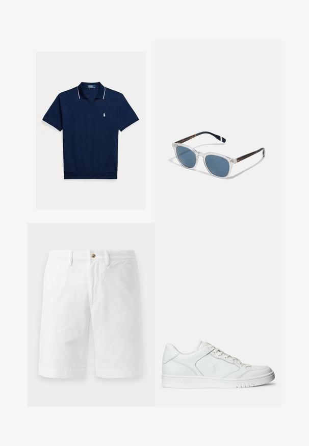 Marineblaues Poloshirt aus Baumwolle, mit V-Ausschnitt, kurzen Ärmeln, weißem Besatz am Kragen und an den Ärmeln sowie einem kleinen Logo auf der Brust.; Weiße Baumwollshorts mit lockerer Passform, ausgestattet mit einem Frontknopfverschluss, Gürtelschlaufen und flachem Frontdesign. Glatte Textur und knielanger Schnitt.; Weißer Ledersneaker mit glatter Textur, ausgestattet mit einer perforierten Zehenpartie, Schnürverschluss und gesticktem Logo an der Seite. Weiße Gummisohle.; Polo Ralph Lauren 0PH4206 - Sonnenbrille - shiny/transparent