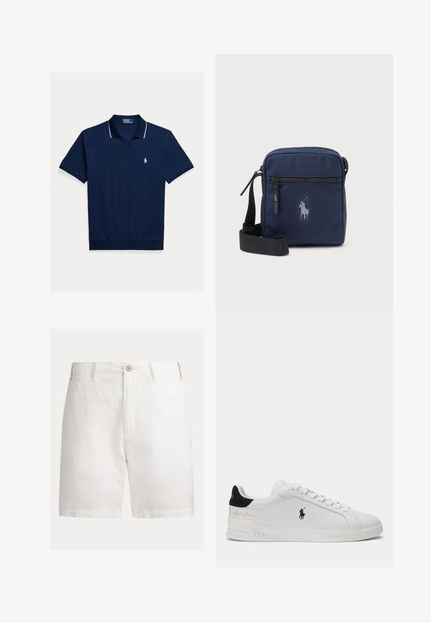 Marineblaues Poloshirt aus Baumwolle, mit V-Ausschnitt, kurzen Ärmeln, weißem Besatz am Kragen und an den Ärmeln sowie einem kleinen Logo auf der Brust.; Weiße Baumwollshorts mit geradem Schnitt, ausgestattet mit einem einzigen Knopfverschluss, Gürtelschlaufen und Seitentaschen. Glatte Textur, minimalistisches Design.; Weißer Low-Top-Sneaker mit schwarzem Polospieler-Logo an der Seite, navyfarbener Fersenschlaufe, weißen Schnürsenkeln und "Ralph Lauren" goldener Signatur nahe der Ferse; Marineblaue Umhängetasche mit schwarzem verstellbarem Riemen, frontaler Reißverschlusstasche und kleinem, grau besticktem Polospieler-Logo.