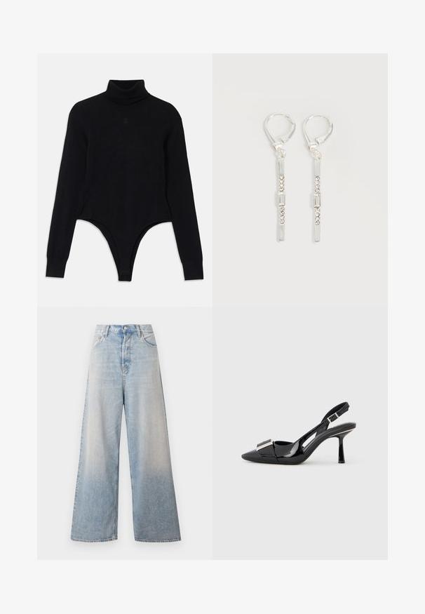 Sort turtleneck bodysuit lavet af blødt stof, med lange ærmer, en tætsiddende pasform og en bunde i thong-stil for en strømlinet silhuet.; Højtaljede, vidde-benet, lyseblå denimjeans med forlommer, bæltestropper og knaplukning på en ensfarvet baggrund.; Sort laklæder slingback-pumpe med spids tå og metalisk detalje på vristen. Har en slank hæl og justerbar rem.; Sølv hængende øreringe med rektangulære og runde klare krystaller i en lodret linje, fastgjort med låsebeslag.