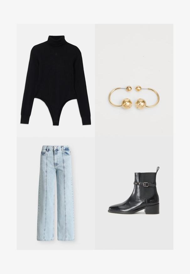 Zwart turtleneck bodysuit van zachte stof, met lange mouwen, een aansluitende pasvorm en een thong-stijl onderkant voor een gestroomlijnde silhoeët.; Lichtblauwe jeans met hoge taille en rechte pijpen, voor verticale naden, riemlussen, knoop aan de voorkant en zakken op een effen achtergrond.; Zwarte leren enkelboot met een spitse neus, elastische zijpanelen en een decoratieve gespsluiting met studs. Blokhak ontwerp.; Gouden metalen oorbellen met een circulair ontwerp met twee bollen, één grotere met textuur en een kleinere gepolijste bal aan de bovenkant.