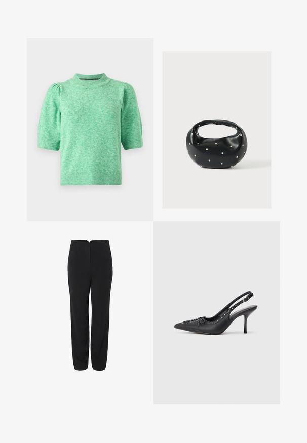 Pull-over à manches courtes de couleur vert clair, en tissu tricoté texturé. Il présente un col montant et des manches froncées.; Pantalon noir au design droit, avec deux poches avant et une texture lisse. Détails de couture subtils à l'avant.; Escarpin en cuir noir à talon aiguille avec un bout pointu, une bride latérale à boucle, des clous le long du bord et un laçage décoratif à l'avant.; Sac à main en cuir noir de forme arrondie, décoré de clous argentés et équipé d'une poignée courte. Texture lisse et fermeture éclair.