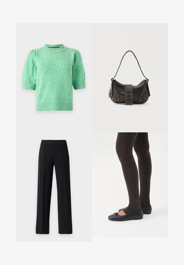 Pull-over à manches courtes de couleur vert clair, en tissu tricoté texturé. Il présente un col montant et des manches froncées.; Pantalons noirs ajustés avec une coupe évasée, fabriqués dans un tissu lisse et extensible ; dotés de plis sur le devant et d'une taille élastique.; Jambes portant des leggings côtelés foncés associés à des ballerines noires avec de petits détails en nœud sur fond blanc.; Sac à épaule en cuir noir avec une sangle à boucle, des bords arrondis et des coutures blanches contrastées sur un fond uni.