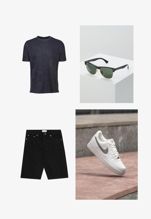 Dunkelblaues T-Shirt mit kurzen Ärmeln aus weichem Stoff. Mit Rundhalsausschnitt und glatter Textur, mit minimaler Ausstattung.; Schwarze Jeansshorts mit geradem Schnitt, fünf Taschen, silberfarbener Hardware und einem Etikett am Bund. Strukturiertes Material.; Weißer Nike Air Force 1 Sneaker mit grauem Swoosh-Logo, der über einer Steinoberfläche und einem grauen Steinwandhintergrund schwebt.; Ray-Ban Sonnenbrillen mit grünen Gläsern, schwarzen Kunststoffrahmen und goldenen Akzenten an den Rändern. Quadratische Form mit matter Oberfläche.