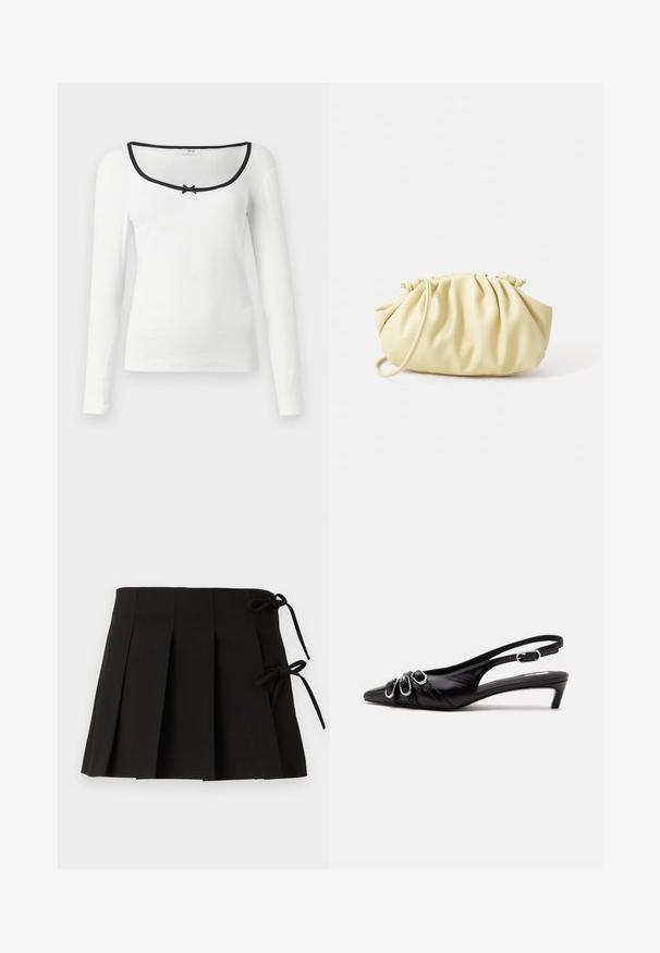 Chemise blanche à manches longues avec un col carré, finition noire et un petit détail de nœud noir au centre. Tissu à côtes texturé.; Jupe plissée noire avec des liens sur les côtés, fabriquée dans un tissu à la texture lisse ; elle présente un design structuré et des lignes épurées.; Chaussure slingback en cuir noir avec bout pointu, trois boucles argentées à l'avant et petit talon kitten sur fond blanc.; Sac à main plissé jaune en simili cuir lisse, arborant une forme douce avec une bandoulière unique et un design froncé sur le dessus.