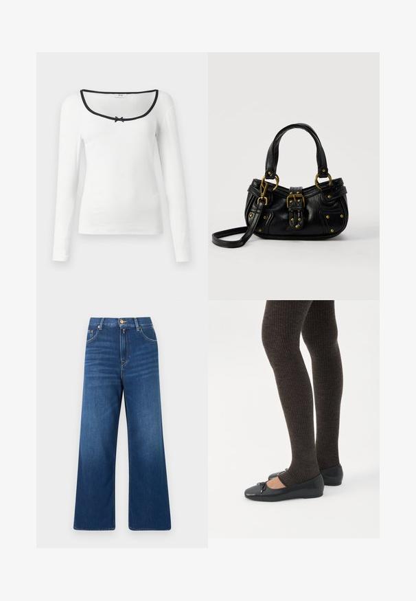 Camisa de manga larga blanca con escote cuadrado, ribete negro y un pequeño lazo negro en el centro. Tejido texturizado acanalado.; Pantalones vaqueros de mezclilla azul de pierna ancha con cintura alta, cierre frontal de botones y cremallera, y bolsillos delanteros y traseros.; Piernas con leggings oscuros acanalados combinados con bailarinas negras que presentan pequeños detalles de lazo sobre un fondo blanco.; Bolso de cuero negro con hebilla y detalles de remaches dorados, asas cortas y una correa de hombro ajustable sobre un fondo blanco liso.