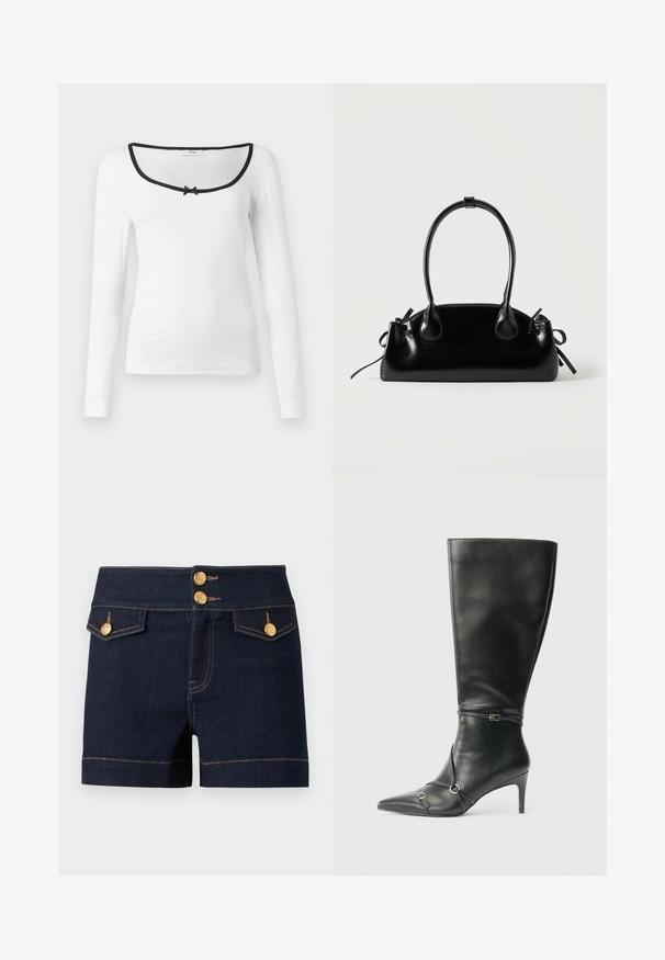 Chemise blanche à manches longues avec un col carré, finition noire et un petit détail de nœud noir au centre. Tissu à côtes texturé.; Short en jean denim bleu foncé taille haute, avec deux poches à rabat à l'avant et des boutons décoratifs dorés sur la ceinture et les poches.; Bottes noires en cuir montant jusqu'au genou, avec un talon fin, un bout pointu et des détails de lanière à la cheville. Texture lisse et design ajusté.; Petit sac à main noir brillant avec deux longues anses et des détails à cordon sur les côtés sur un fond clair uni.
