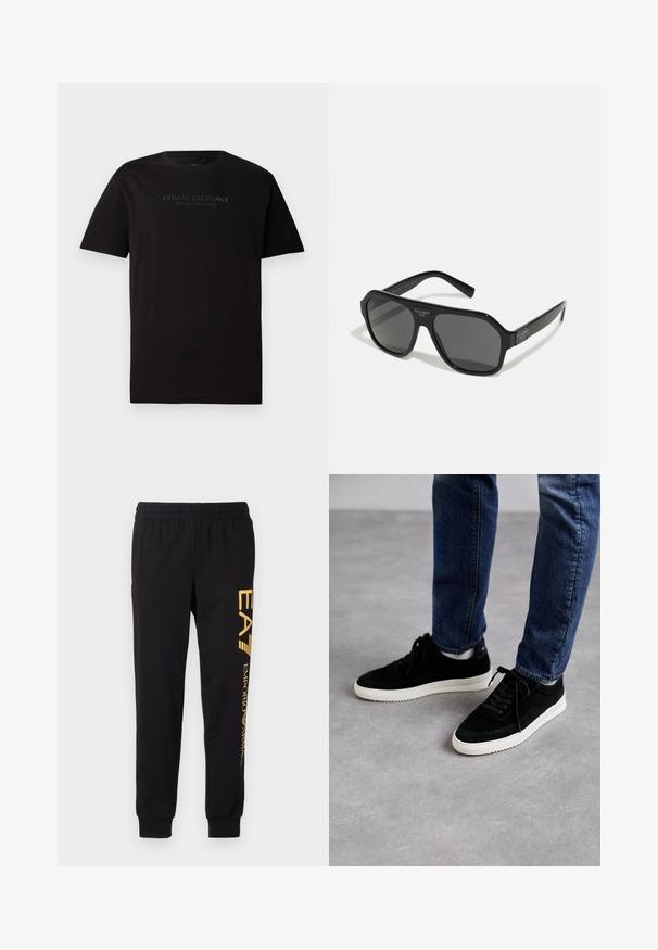 T-shirt en coton noir avec un col rond et des manches courtes. Sur le devant, on trouve un texte en relief "ARMANI EXCHANGE MILANO / NEW YORK".; Pantalons de survêtement noirs en tissu doux, avec une taille élastique et des chevilles resserrées. Marquage jaune imprimé verticalement sur la jambe gauche.; Des baskets en suède noir avec une semelle en caoutchouc blanc, présentant un design classique à talon bas, un bout rond et des lacets plats noirs.; Dolce&Gabbana Lunettes de soleil - black