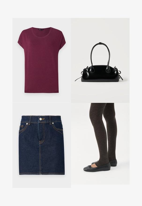 Bordeauxrode dames t-shirt met korte mouwen, ronde hals en opgerolde mouwboorden op een effen achtergrond.; Donkerblauwe denim rok met zichtbare stiksels, vijf zakken en een knoopsluiting aan de voorkant. Rechte snit met een schone zoomlijn.; Benen met donkere geribbelde leggings gecombineerd met zwarte ballerina's met kleine strikdetails op een witte achtergrond.; Kleine zwarte glanzende handtas met twee lange hengsels en zijkant trekkoord details op een effen lichte achtergrond.