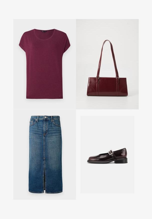 Damen-T-Shirt in Burgunderrot mit kurzen Ärmeln, rundem Ausschnitt und umgeschlagenen Ärmelbündchen vor einfarbigem Hintergrund.; Dunkelblaue Denim-Midi-Rock mit einem Schlitz vorne, fünf Taschen und kontrastierenden Nähten. Verfügt über einen Knopf- und Reißverschlussverschluss an der Taille.; Ein einzelner glänzender dunkelburgunder Mary Jane Schuh mit breitem Riemen und silberner Schnalle, niedrigem Blockabsatz und abgerundeter Spitze auf weißem Hintergrund.; Burgunderfarbene Handtasche aus glänzendem Material, rechteckige Form, mit zwei Schulterriemen und subtilen, geschwungenen Akzenten an der Vorderseite.