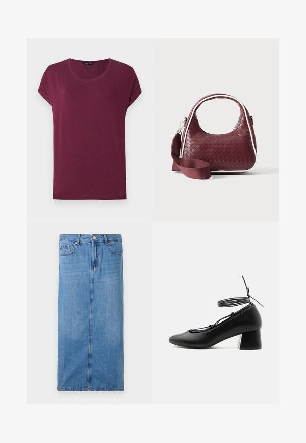 Bordeauxrød t-shirt til kvinder med korte ærmer, rund halsudskæring og opbukket ærmekant på ensfarvet baggrund.; Denim midi-nederdel i lyseblå, med en lige silhuet, front søm og standard talje med fem bæltesløjfer og metal knap lukning.; Sort læder sko med mellemhøj hæl, spids tå, krydsede stropper og snøre omkring anklen på hvid baggrund.; Mørkerød vævet lædertaske med buet hank, hvid kant, sølv lynlås og aftagelig bred stofskulderrem mod en ensfarvet baggrund.