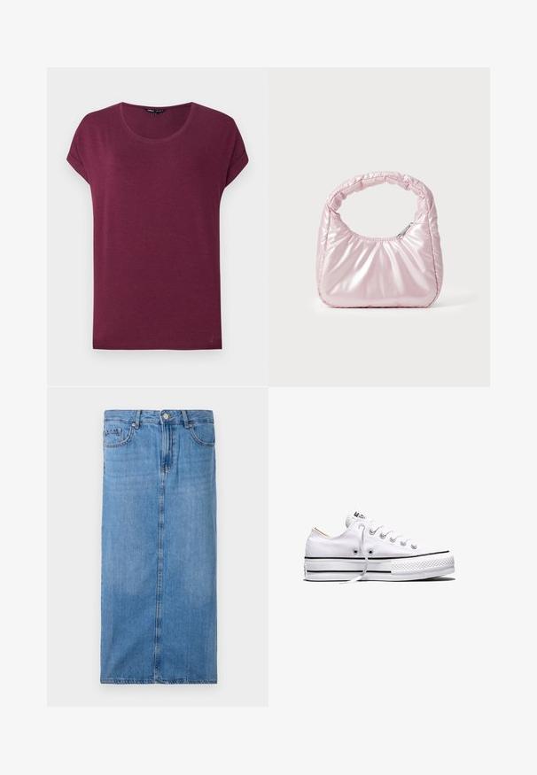 Damen-T-Shirt in Burgunderrot mit kurzen Ärmeln, rundem Ausschnitt und umgeschlagenen Ärmelbündchen vor einfarbigem Hintergrund.; Jeans-Midi-Rock in Hellblau mit geradem Schnitt, vorderer Naht und normaler Taille mit fünf Gürtelschlaufen und Metallknopfverschluss.; Weißer Canvas-Sneaker in niedriger Ausführung mit weißen Schnürsenkeln, schwarzen Streifen an der Sohle und gummiertem, strukturiertem Zehenschutz, Seitenansicht vor weißem Hintergrund.; Rosa, gepolsterte Handtasche mit abgerundeter Form, aus glänzendem Material gefertigt. Verfügt über einen gerafften Griff und einen Reißverschluss für sicheren Zugang.
