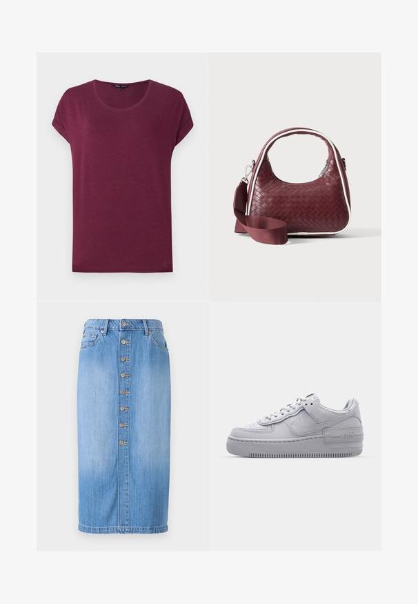 Bordeauxrode dames t-shirt met korte mouwen, ronde hals en opgerolde mouwboorden op een effen achtergrond.; Blauwe denim midi-rok met een rechte snit, voorzien van een sluiting met knopen aan de voorkant, vijf zakken en een vervaagde wassing voor textuur.; Grijze Nike Air Force 1 sneaker met geperforeerde neus, glad leren bovenwerk, dikke zool en verhoogde 'AIR' details op de hiel.; Donkerrode geweven leren handtas met gebogen handvat, witte bies, zilveren rits en afneembare brede stoffen schouderriem tegen een effen achtergrond.