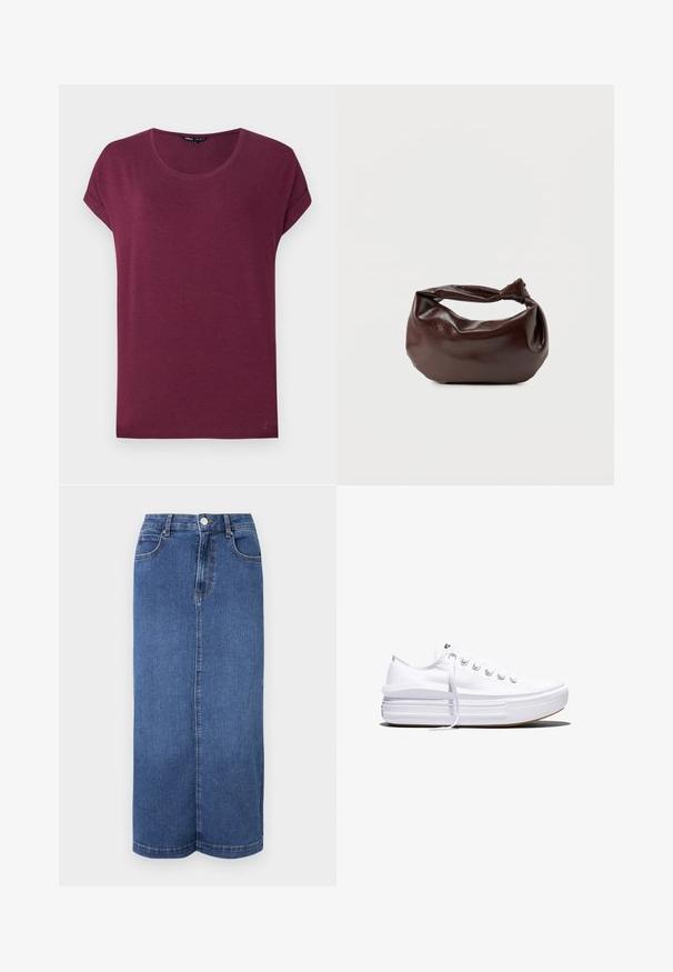 Damen-T-Shirt in Burgunderrot mit kurzen Ärmeln, rundem Ausschnitt und umgeschlagenen Ärmelbündchen vor einfarbigem Hintergrund.; Maxi-Rock aus Denim in Dunkelblau, mit geradem Schnitt, Bund mit Knopfverschluss und minimalistischen Nähten.; Weißer Canvas-Sneaker mit niedrigem Schnitt, dicker Plateau-Sohle, vorderer Schnürung und rauer Gummikappe an der Spitze, aus seitlicher Ansicht gezeigt.; Dunkelbraune Lederschultertasche mit weicher, lockerer Form und einem gedrehten Knotengriff vor schlichtem weißem Hintergrund.