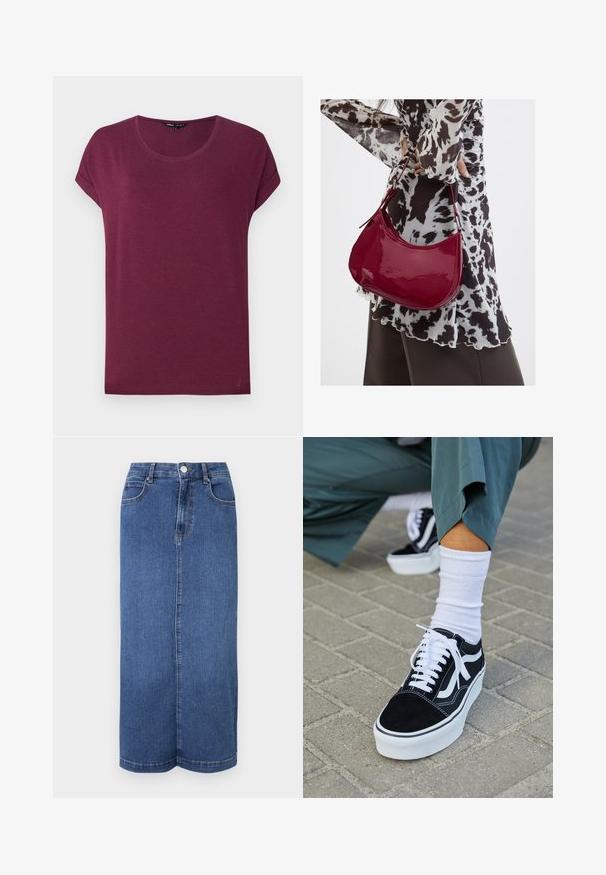 Bordeauxrode dames t-shirt met korte mouwen, ronde hals en opgerolde mouwboorden op een effen achtergrond.; Denim maxi rok in donkerblauw, met een rechte snit, een tailleband met knoopsluiting en minimale stikdetails.; Zwarte suède sneaker met witte accenten en veters, uitgerust met een dikke witte zool en contrasterende stiksels, gecombineerd met een witte sok.; Vrouw met een zwart-wit gebloemde blouse houdt een glanzende rode schoudertas vast tegen een effen achtergrond.