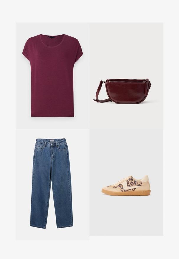 Bordeauxrode dames t-shirt met korte mouwen, ronde hals en opgerolde mouwboorden op een effen achtergrond.; Klassieke blauwe denim jeans met een rechte pijp, vijf zakken en een knoopsluiting. Heeft een middelgrote wasbeurt en stevige textuur.; Luipaardprint sneakers met een beige suède bovenkant, tan rubberen zool en witte accenten. Ronde neus en vetersluiting met een gestructureerde afwerking.; Dieprode lederen handtas met een halve-maansvorm, een ritssluiting en een afneembare riem. Gladde textuur met een subtiele glans.