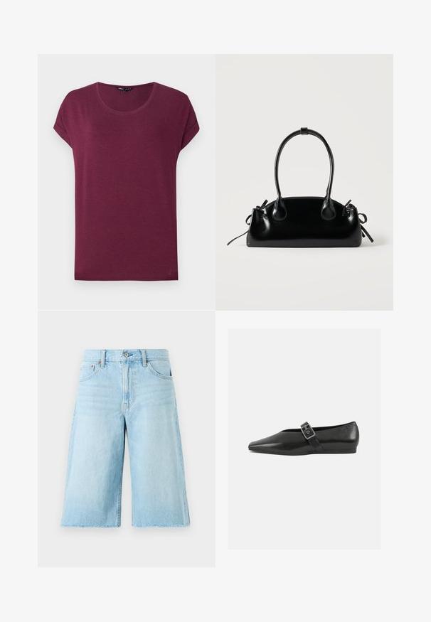 Damen-T-Shirt in Burgunderrot mit kurzen Ärmeln, rundem Ausschnitt und umgeschlagenen Ärmelbündchen vor einfarbigem Hintergrund.; Helle blaue Denim-Shorts mit lockerer Passform, ausgefranstem Saum, fünf Taschen und Metallbeschlägen. Klassisches Jeansdesign mit subtilen Ausbleichungen.; Schwarze Lederflachschuhe mit spitzem Zehenbereich, ausgestattet mit einem metallischen Riemen über dem Spann und einer niedrigen, flexiblen Sohle.; Kleine schwarze glänzende Handtasche mit zwei langen Griffen und seitlichen Kordelzug-Details vor einfachem hellem Hintergrund.
