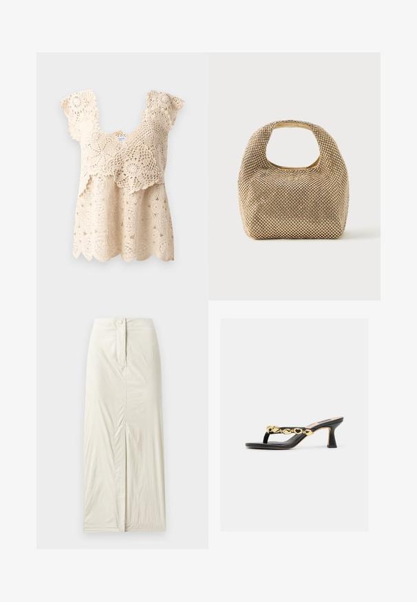 Beige haaktop met golvende zoom, bloemenpatronen en korte, gerimpelde mouwen. Kenmerkt zich door ingewikkelde kantdetails door de stof heen.; Licht beige, knielange rok gemaakt van een gladde, textuurstof. Heeft een split aan de voorkant en een knoopsluiting in de taille.; Zwarte open-teen sandaal met hak, versierd met gouden kralen langs het bandje en een vierkante neus op een witte achtergrond.; Kleine handtas in goudkleur, bedekt met glanzende ronde studs, met een kort handvat en een rechthoekige uitsnede aan de bovenkant.