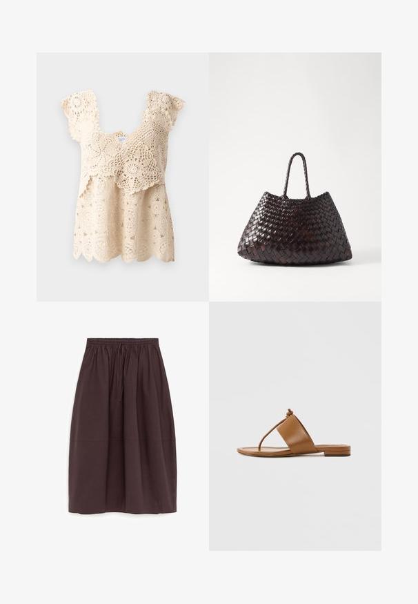 Haut en crochet beige avec un ourlet festonné, des motifs floraux et des manches courtes à volants. Comprend des détails en dentelle délicats tout au long du tissu.; Jupe marron foncé longueur genou avec taille élastique et cordon de serrage, fabriquée en tissu lisse.; Sandale plate marron avec une large bride et une fine lanière en forme de tongs ornée d'un nœud sur le dessus, sur fond gris clair uni.; DRAGON DIFFUSION SANTA CROCE BIG - Sac à main - dark brown