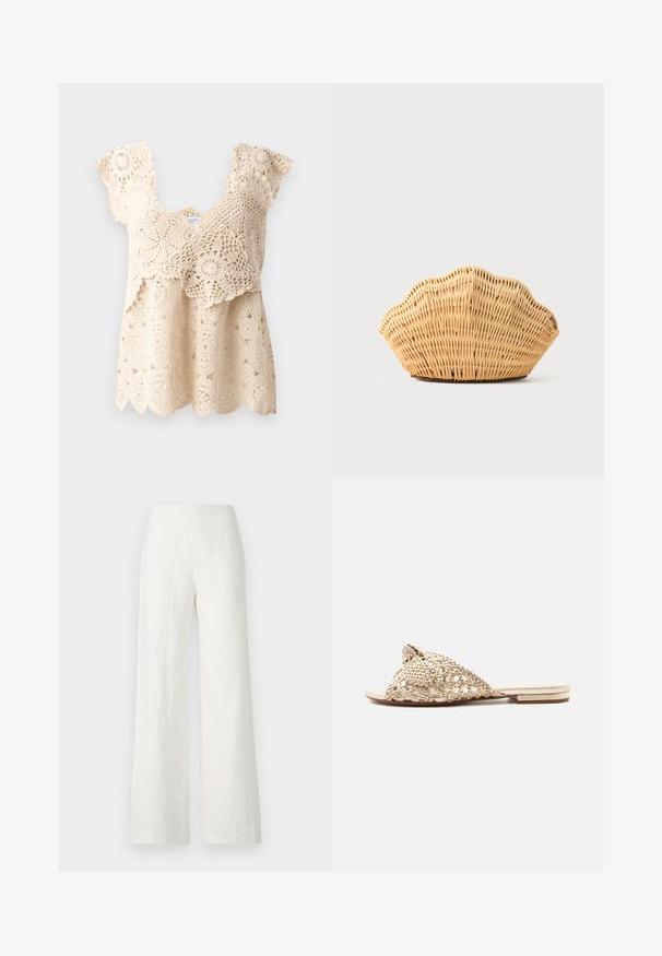 Beige haaktop met golvende zoom, bloemenpatronen en korte, gerimpelde mouwen. Kenmerkt zich door ingewikkelde kantdetails door de stof heen.; Witte linnen broek met wijde pijpen, een zachte textuur en een hoge taille. Heeft een eenvoudige en strakke silhouet zonder versieringen.; Platte slippersandaal met brede beige gevlochten bandjes die over de voet kruisen en een lage gestapelde hak tegen een witte achtergrond.; Geweven rotan handtas in de vorm van een sint-jakobsschelp met natuurlijke lichtbruine kleur en afgeronde, gestructureerde randen.