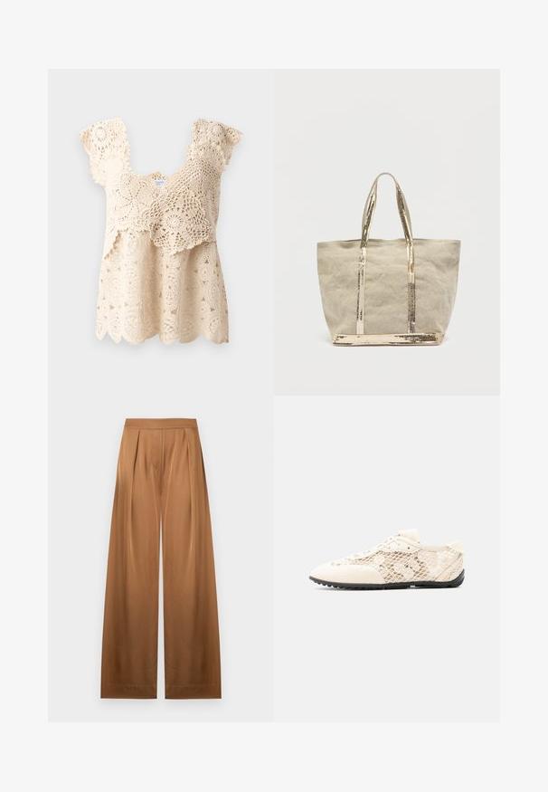 Haut en crochet beige avec un ourlet festonné, des motifs floraux et des manches courtes à volants. Comprend des détails en dentelle délicats tout au long du tissu.; Pantalon marron taille haute à jambes larges avec une texture lisse et des plis avant subtils sur un fond blanc uni.; Baskets en dentelle crème avec côtés en mesh ornés de broderies florales et semelle noire texturée, présentées de profil sur un fond blanc.; Sac fourre-tout en toile beige avec des anses et une base en métal doré, présentant un design simple et non structuré ainsi qu'une surface légèrement texturée.