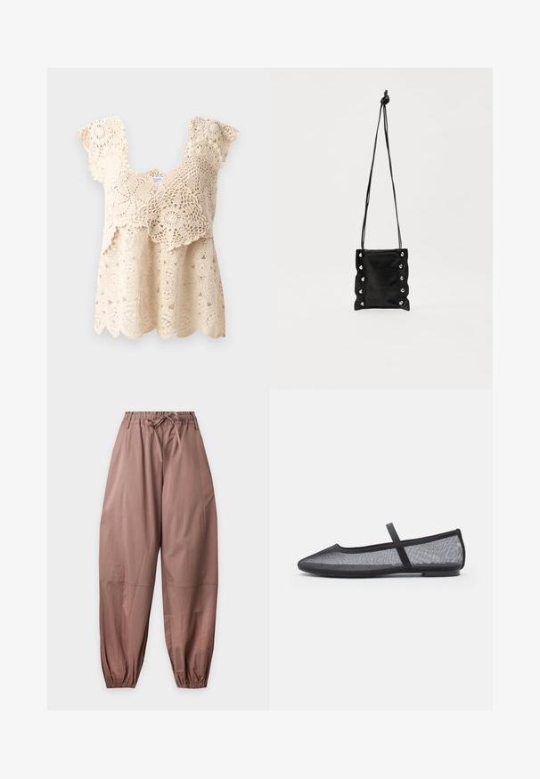 Haut en crochet beige avec un ourlet festonné, des motifs floraux et des manches courtes à volants. Comprend des détails en dentelle délicats tout au long du tissu.; Pantalon marron ample avec taille élastique et bas de jambes resserrés, avec un cordon à la taille.; Ballerines en maille noire avec un bout pointu, dotées d'une fine bride sur le cou-de-pied et d'une semelle en caoutchouc plate. Design léger et respirant.; Sac bandoulière en cuir noir avec un design texturé et froncé. Équipé d'œillets en ton argent et d'une sangle nouée pour une longueur ajustable.
