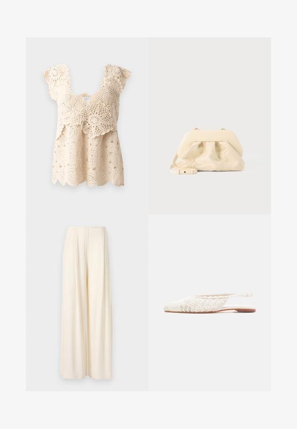 Beige haaktop met golvende zoom, bloemenpatronen en korte, gerimpelde mouwen. Kenmerkt zich door ingewikkelde kantdetails door de stof heen.; Norma Kamali MENS PLEAT - Broek - cream; Plat wit gevlochten lederen slingback-schoen met puntige neus en lage bruine zool op een neutrale achtergrond.; Crèmekleurige stoffen handtas met bloemrijke borduursels, zachte afgeronde bovenkant en verstelbare band, plat gelegd op een lichtgrijze achtergrond.