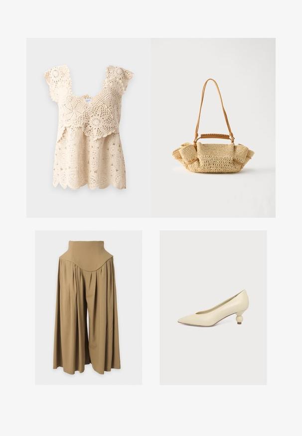Haut en crochet beige avec un ourlet festonné, des motifs floraux et des manches courtes à volants. Comprend des détails en dentelle délicats tout au long du tissu.; Pantalon taille haute à jambes larges couleur beige avec plis et taille ajustée, présenté sur un fond plat gris clair.; Escarpin couleur crème à bout pointu avec un talon bas unique en forme de bulbe sur fond blanc uni.; Sac à main beige tressé avec une longue lanière fine et des côtés froncés, avec une petite poignée enveloppée de cuir pour différentes options de port.