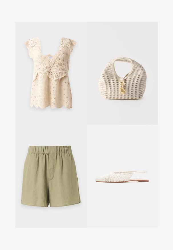 Beige haaktop met golvende zoom, bloemenpatronen en korte, gerimpelde mouwen. Kenmerkt zich door ingewikkelde kantdetails door de stof heen.; Lichtgroene linnen shorts met een elastische tailleband, zijzakken en een relaxte pasvorm. Gemaakt van een gladde, iets gestructureerde stof.; Plat wit gevlochten lederen slingback-schoen met puntige neus en lage bruine zool op een neutrale achtergrond.; Crèmekleurige geweven handtas met afgeronde vorm, korte handgreep en decoratieve goudkleurige gesp die aan de voorkant in het midden hangt.