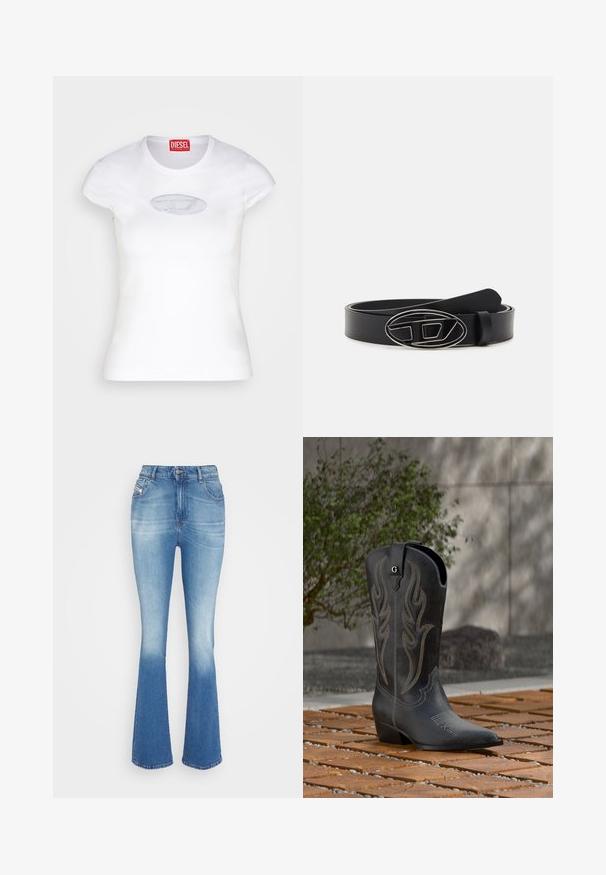 Λευκό στενό T-shirt από ύφασμα βαμβακιού, με στρογγυλή λαιμόκοψη και κοντά μανίκια, με ανοιχτό μπλε κεντητό λογότυπο στο μπροστινό μέρος.; Ανοιχτού μπλε τζιν φουσκωτά παντελόνια με ψηλή μέση, ήπια φθορά στα μηρά, δύο μπροστινές τσέπες και κούμπωμα με κουμπί στη μέση.; Μαύρο καουμπόικο μποτάκι με διακοσμητική ραφή, μυτερή μύτη και τακούνι, που στέκεται πάνω σε ξύλινες πλακίδια με φόντο πράσινο θάμνο και τσιμεντένιο τοίχο.; Μαύρη δερμάτινη ζώνη με φαρδύ λουρί, οβάλ ασημένια μέταλλο με γεωμετρικό σχέδιο και ομαλή υφή σε όλη την επιφάνεια.