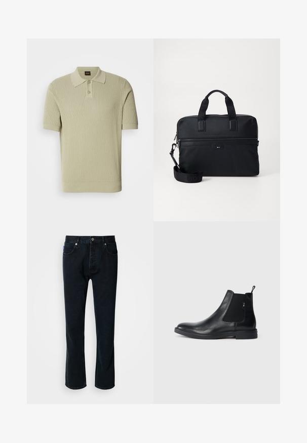 Hellgrünes, geripptes Polohemd mit kurzen Ärmeln, das über eine knöpfbare Blende und einen flachen Kragen verfügt. Weiche Strickstruktur mit körpernahem Schnitt.; HUGO JONAH - Jeans Straight Leg - dark blue; Schwarze Leder Chelsea-Boots mit elastischen seitlichen Einsätzen, einer Zugschlaufe und einer flachen Gummisohle. Glatte Textur mit minimaler Ausgestaltung.; Schwarze Nylontasche für Laptops mit zwei Griffen, einem abnehmbaren Trageriemen, einer Reißverschlusstasche und dezentem Branding. Strukturierte Oberfläche mit schlankem Design.
