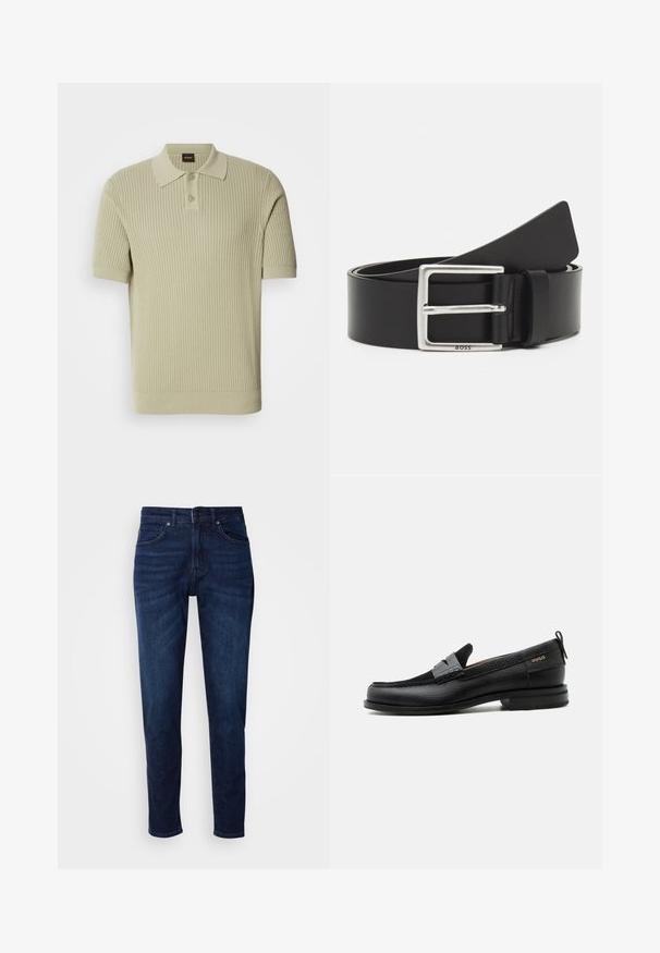Polo shirt vert clair à côtes avec des manches courtes, présentant une patte de boutonnage et un col plat. Texture en tricot doux avec une coupe ajustée.; Jean en denim bleu foncé avec une coupe droite, comportant des poches et une fermeture à bouton à la taille. Texture douce, détails de décoloration minimes.; Mocassin en cuir noir avec détail de bride grise, talon bas et semelle texturée, marqué "HUGO" en or sur le côté.; Ceinture en cuir noir avec une boucle rectangulaire en argent, dotée d'un logo discret et d'une texture lisse. Les extrémités se terminent en rondeur.